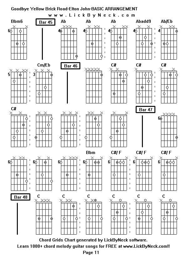 Chord Grids Chart of chord melody fingerstyle guitar song-Goodbye Yellow Brick Road-Elton John-BASIC ARRANGEMENT,generated by LickByNeck software.